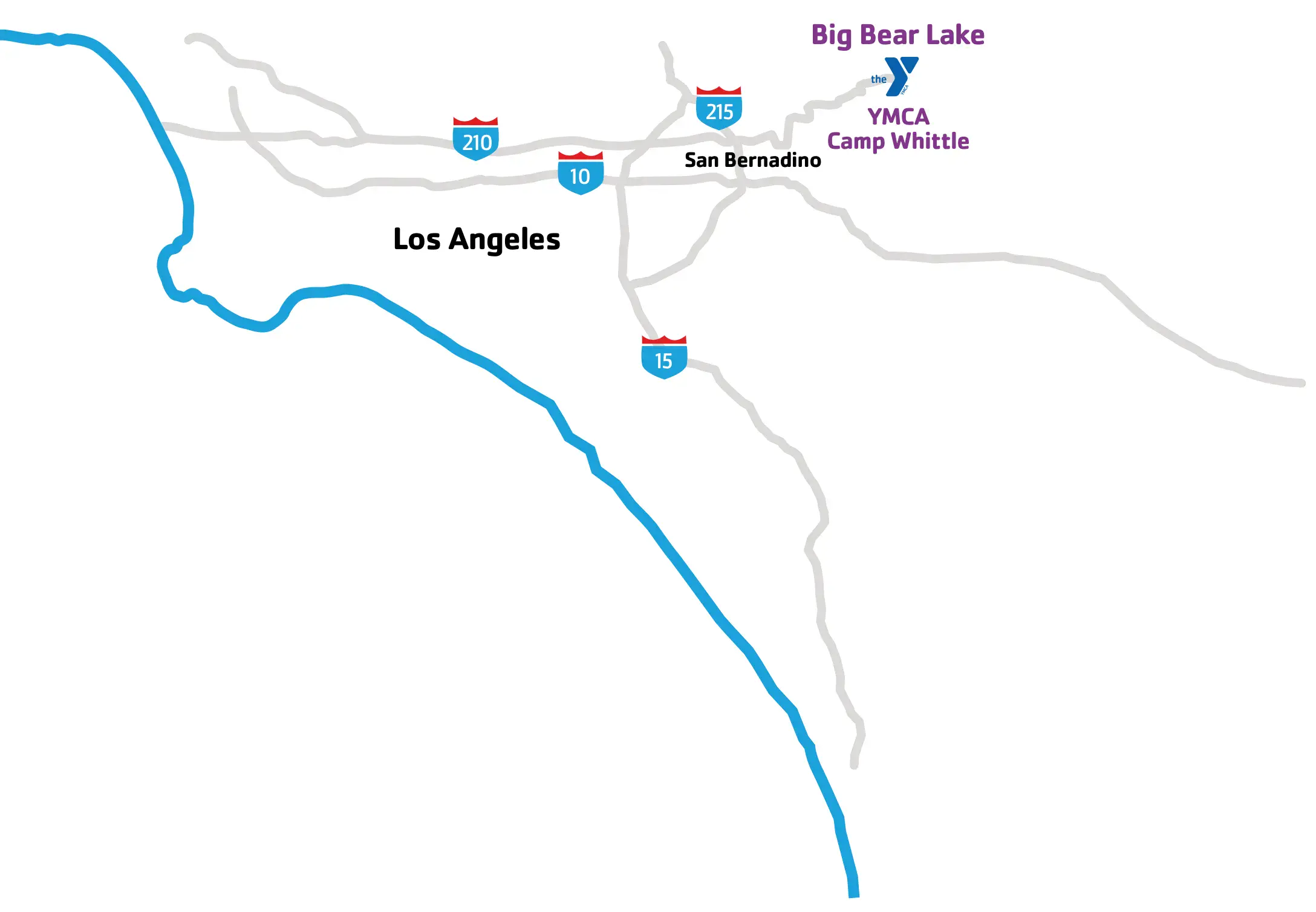 Map showing the route from Los Angeles and San Bernardino along the 210, 10, 215 and 15 freeways to YMCA Camp Whittle near Big Bear Lake